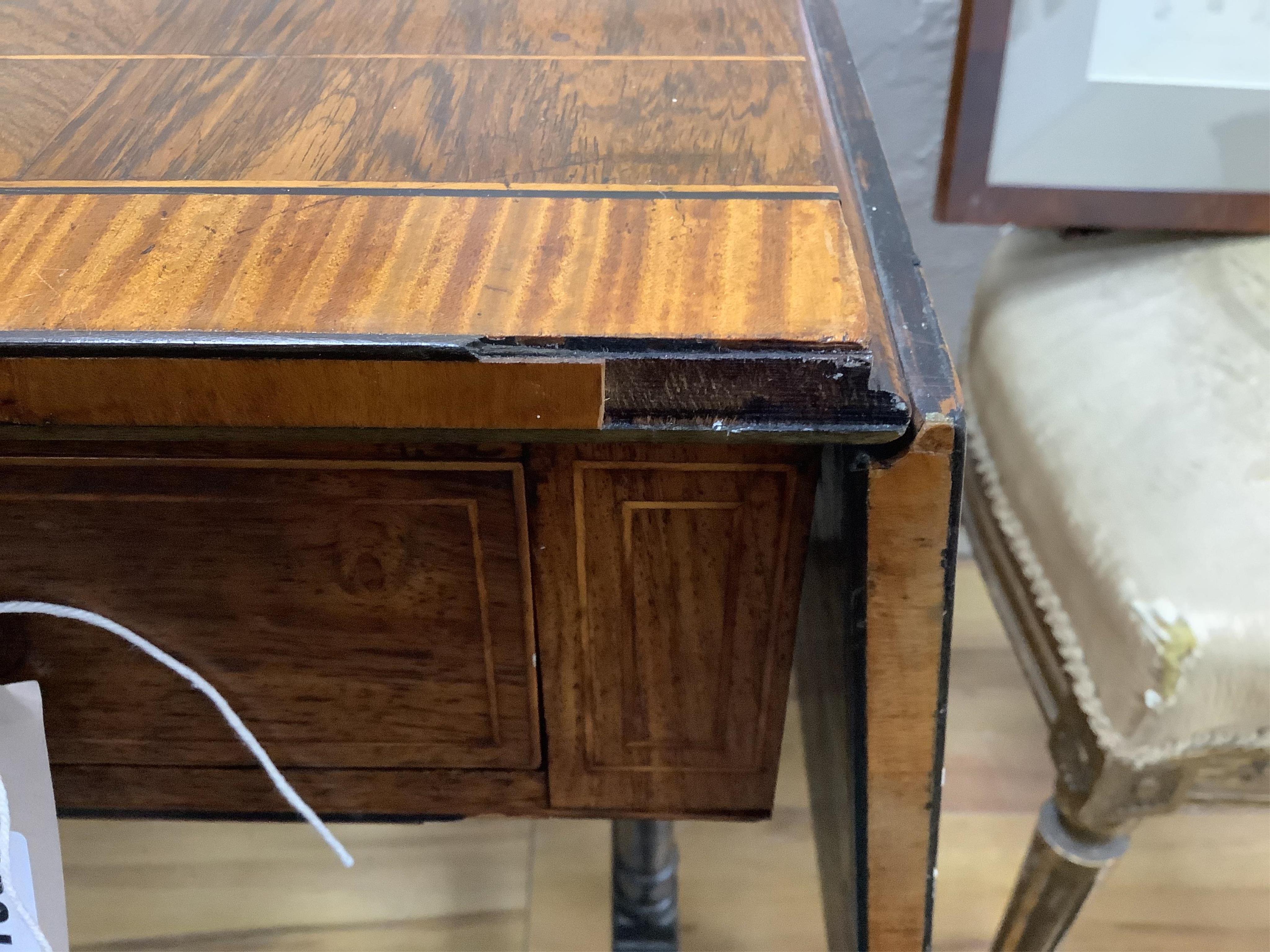 A Regency satinwood banded rosewood sofa table, width 92cm, depth 66cm, height 71cm. Condition - fair